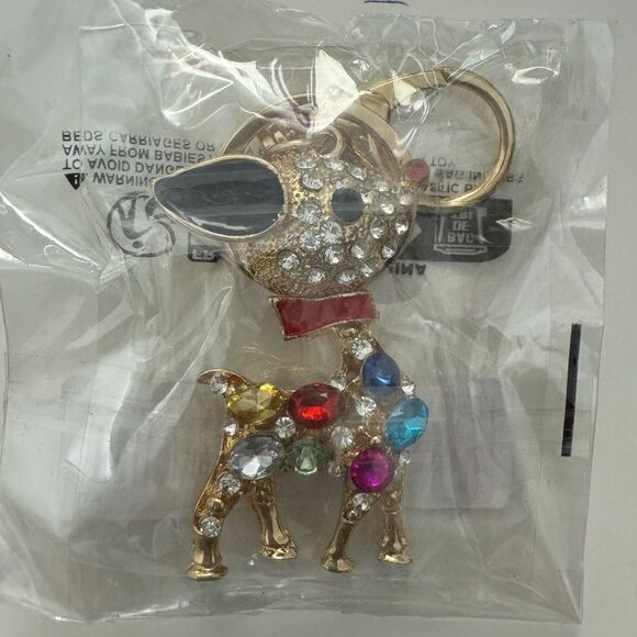 Reindeer Keychain Crystal Rhinestone With Multicolor Gems & Gold Plating - Picture 2 of 5